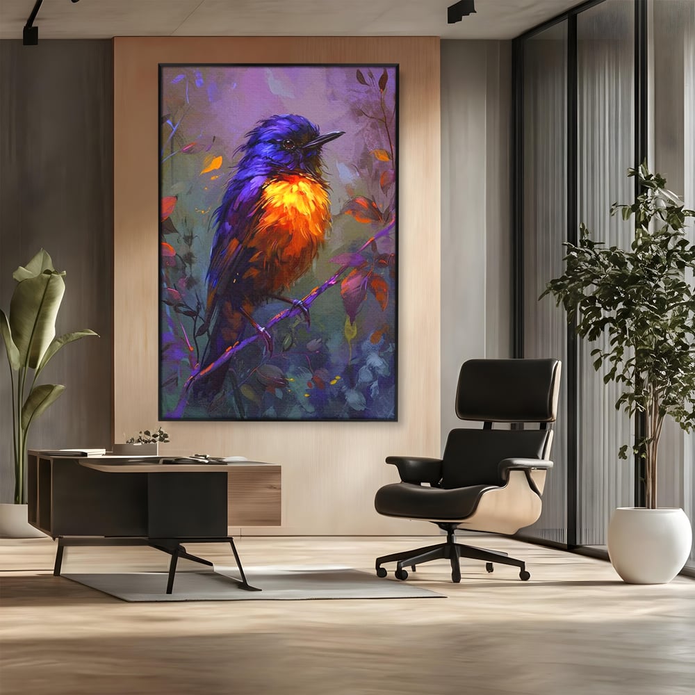Tablou canvas cu tablou canvas cu pasare colorata pe ramura, in rama de aluminiu negru, pe perete intr-un birou